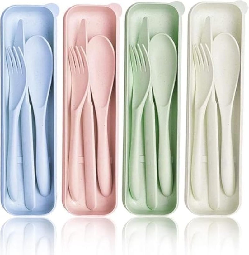 Eco-Friendly Wheat Straw 4-Piece Cutlery Set with Travel Case Lightweight Portable Utensils for School Work Outdoor Dining